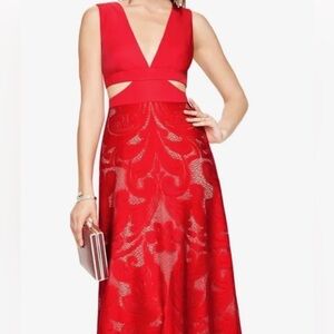 BCBG Maxazria long red lace dress with cutouts